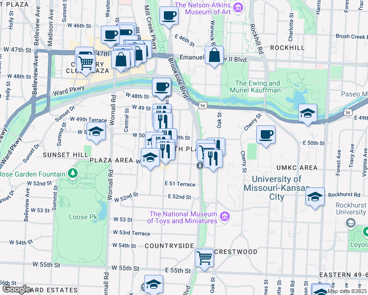 map of restaurants, bars, coffee shops, grocery stores, and more near 5017 Walnut Street in Kansas City