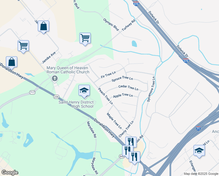 map of restaurants, bars, coffee shops, grocery stores, and more near 3416 Cedar Tree Lane in Erlanger