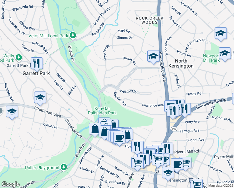 map of restaurants, bars, coffee shops, grocery stores, and more near 4111 Decatur Ave in Kensington