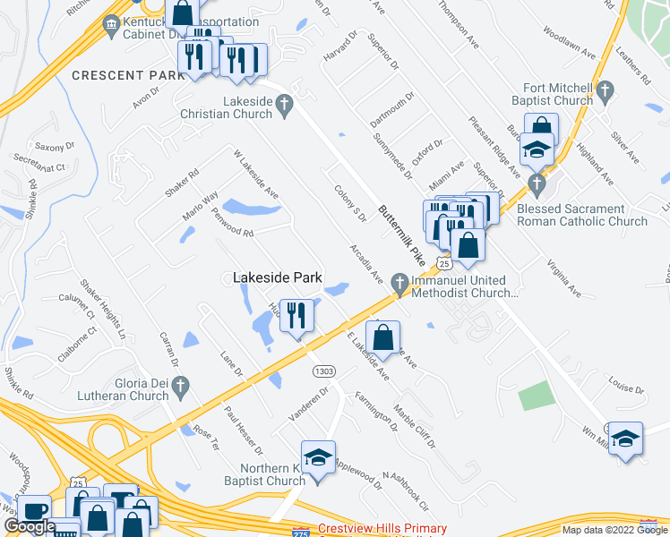 map of restaurants, bars, coffee shops, grocery stores, and more near 32 West Lakeside Avenue in Lakeside Park