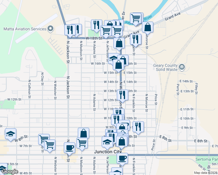 map of restaurants, bars, coffee shops, grocery stores, and more near 1309 North Jefferson Street in Junction City