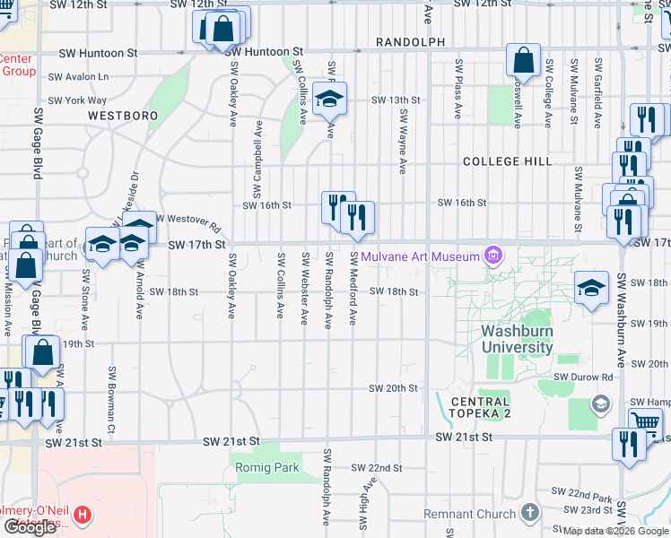 map of restaurants, bars, coffee shops, grocery stores, and more near 1724 Southwest Randolph Avenue in Topeka
