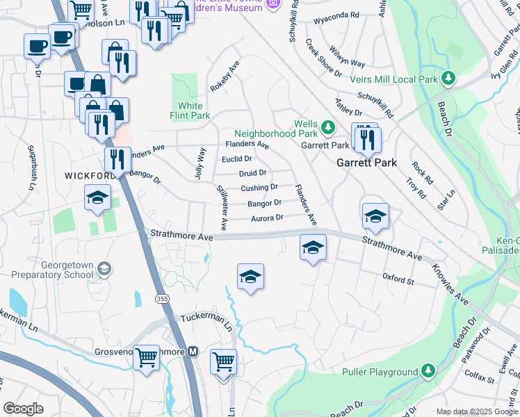 map of restaurants, bars, coffee shops, grocery stores, and more near 5002 Bangor Drive in Kensington