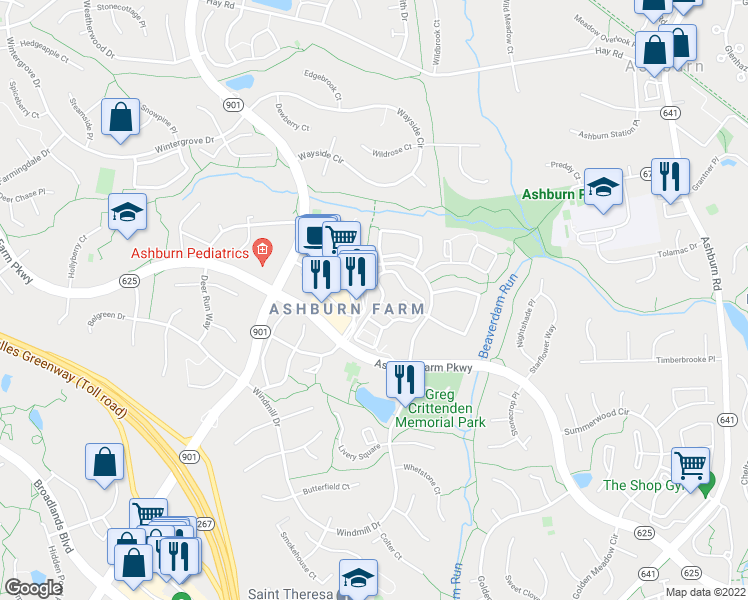 map of restaurants, bars, coffee shops, grocery stores, and more near 21024 Timber Ridge Terrace in Ashburn