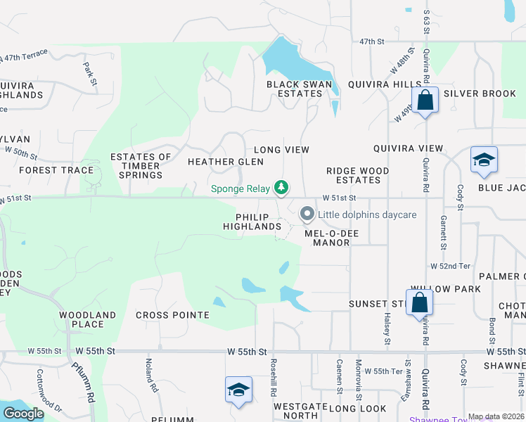 map of restaurants, bars, coffee shops, grocery stores, and more near 5109 Rosehill Road in Shawnee