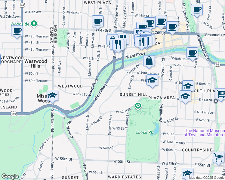 map of restaurants, bars, coffee shops, grocery stores, and more near 5060 Sunset Drive in Kansas City