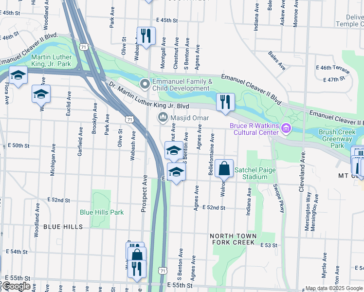 map of restaurants, bars, coffee shops, grocery stores, and more near 4931 South Benton Avenue in Kansas City