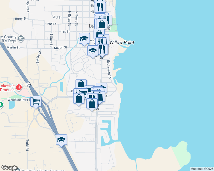 map of restaurants, bars, coffee shops, grocery stores, and more near 70 Lupoyoma Avenue in Lakeport