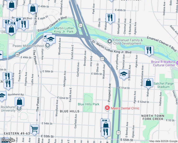 map of restaurants, bars, coffee shops, grocery stores, and more near 4940 Park Avenue in Kansas City
