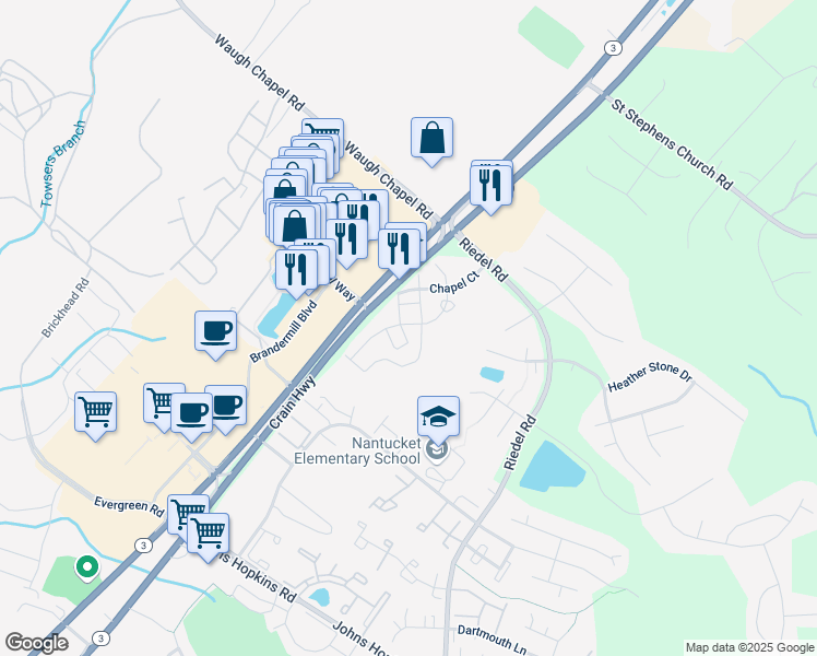 map of restaurants, bars, coffee shops, grocery stores, and more near 2419 Ogden Square in Gambrills