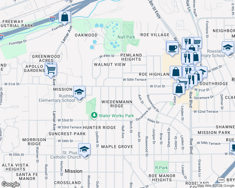 map of restaurants, bars, coffee shops, grocery stores, and more near 5121 Maple Avenue in Mission