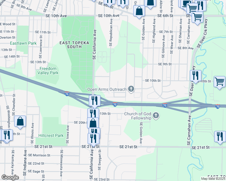 map of restaurants, bars, coffee shops, grocery stores, and more near 2046 Southeast 11th Terrace in Topeka