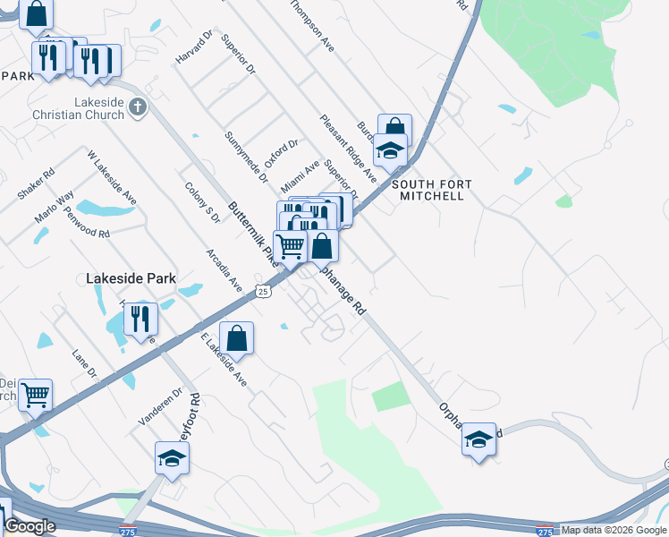 map of restaurants, bars, coffee shops, grocery stores, and more near 14 Orphanage Road in Fort Wright