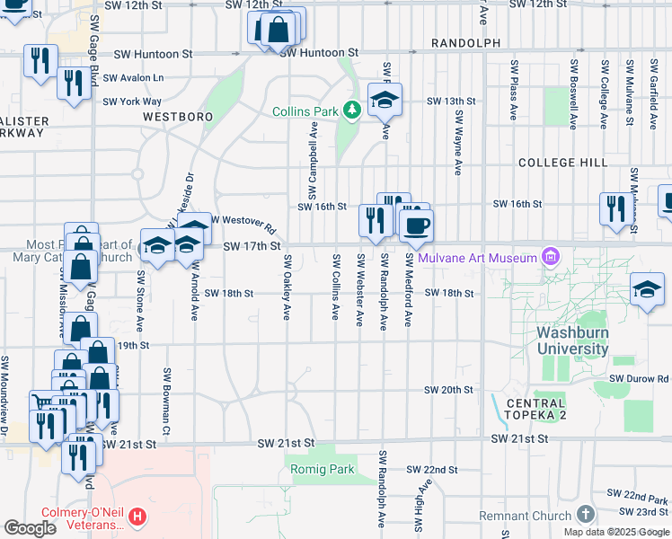 map of restaurants, bars, coffee shops, grocery stores, and more near 1751 Southwest Collins Avenue in Topeka