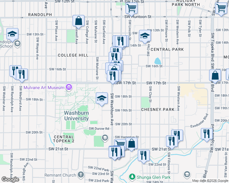 map of restaurants, bars, coffee shops, grocery stores, and more near 1722 Southwest Washburn Avenue in Topeka