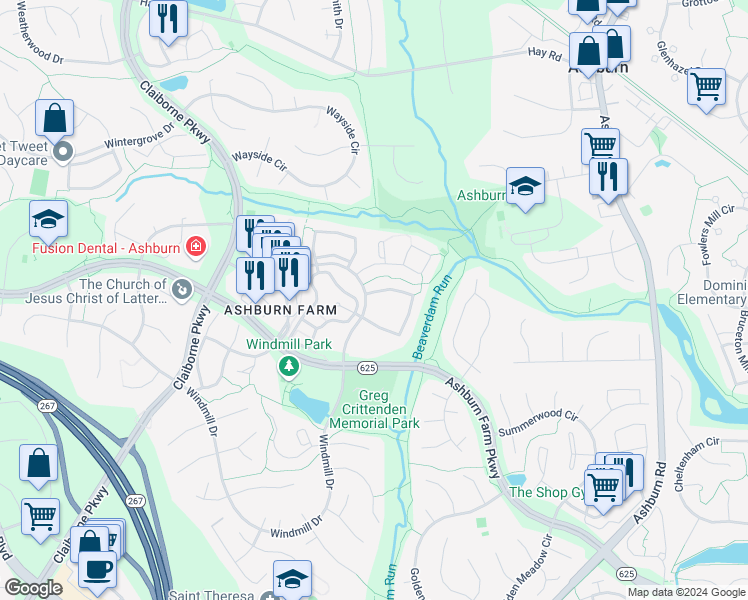 map of restaurants, bars, coffee shops, grocery stores, and more near 43477 Blacksmith Square in Ashburn