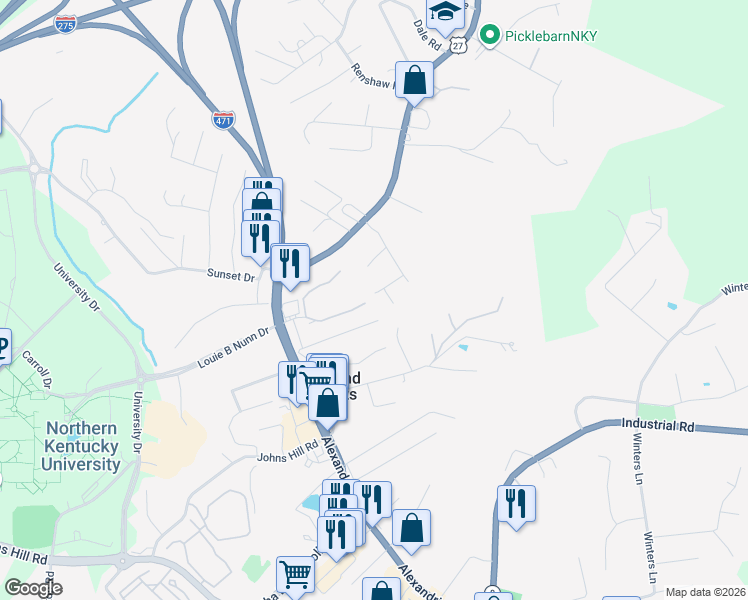 map of restaurants, bars, coffee shops, grocery stores, and more near 15 5th Avenue in Highland Heights