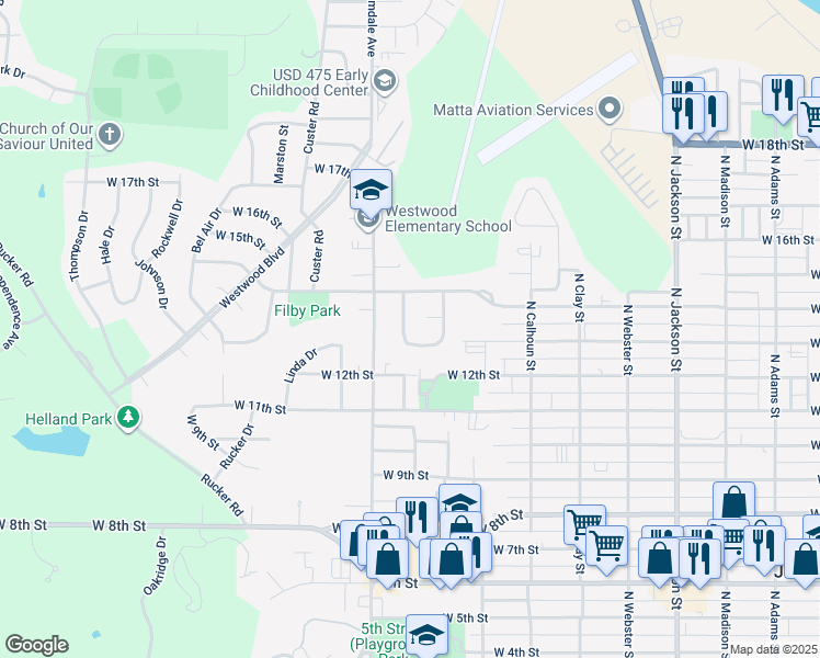 map of restaurants, bars, coffee shops, grocery stores, and more near 1360 Parkside Drive in Junction City