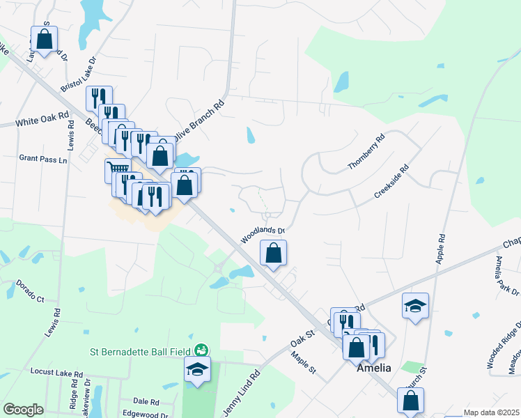map of restaurants, bars, coffee shops, grocery stores, and more near 39 Tall Trees Drive in Amelia