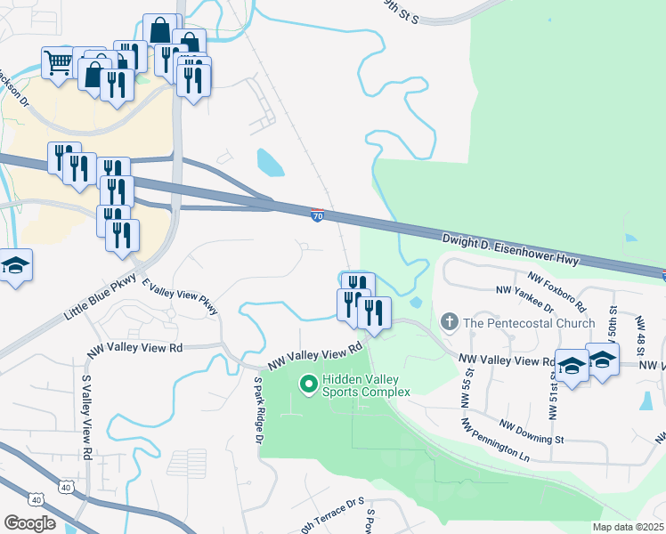 map of restaurants, bars, coffee shops, grocery stores, and more near Interstate 70 in Blue Springs