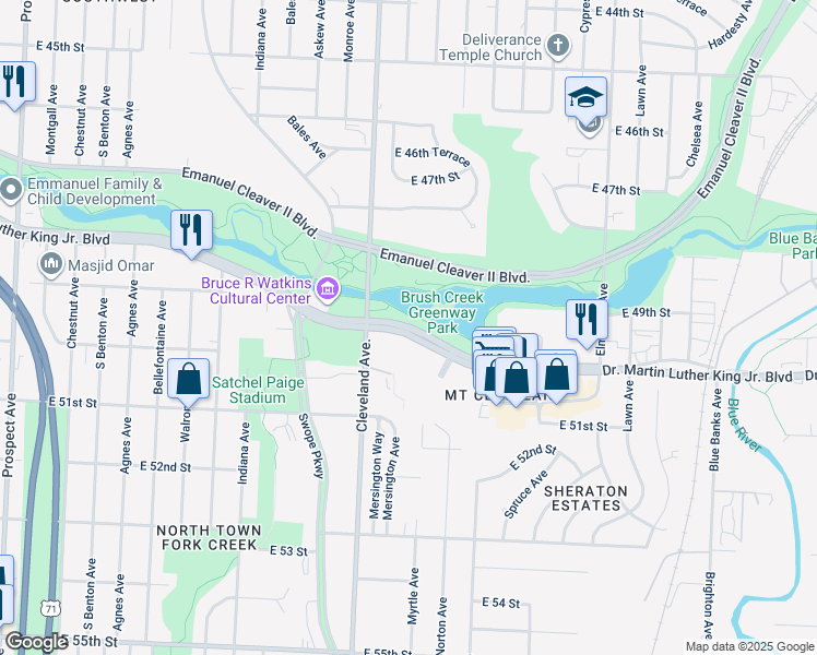 map of restaurants, bars, coffee shops, grocery stores, and more near 3928-4082 Blue Pkwy in Kansas City