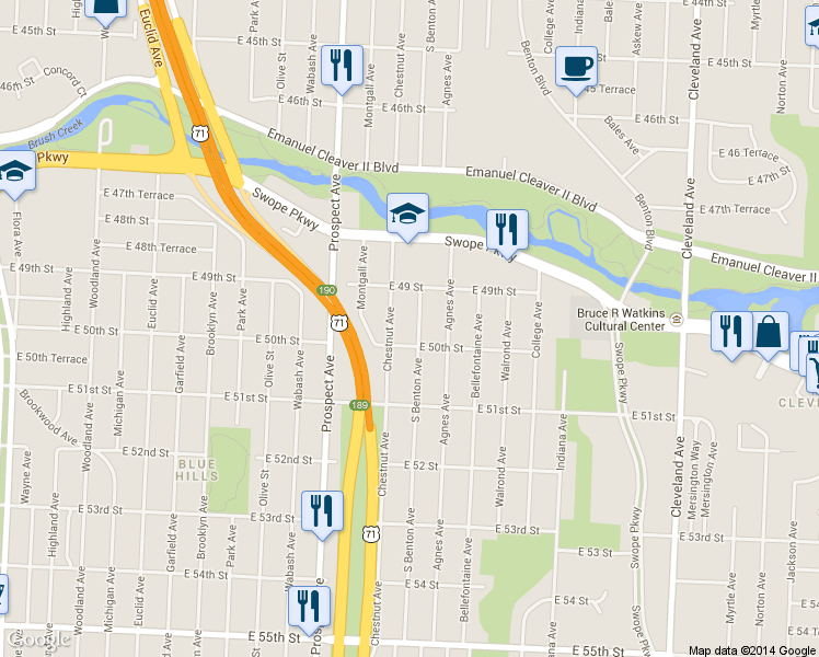map of restaurants, bars, coffee shops, grocery stores, and more near 4931 South Benton Avenue in Kansas City