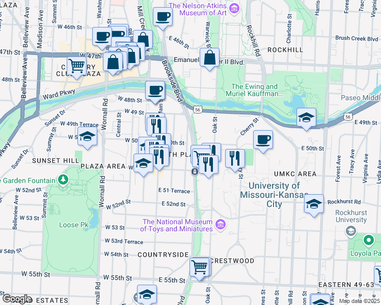 map of restaurants, bars, coffee shops, grocery stores, and more near 5050 Oak Street in Kansas City