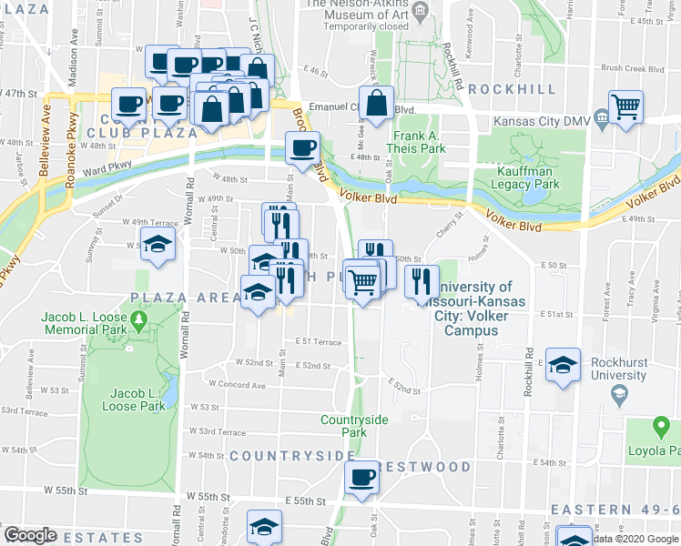 map of restaurants, bars, coffee shops, grocery stores, and more near 5050 Oak Street in Kansas City