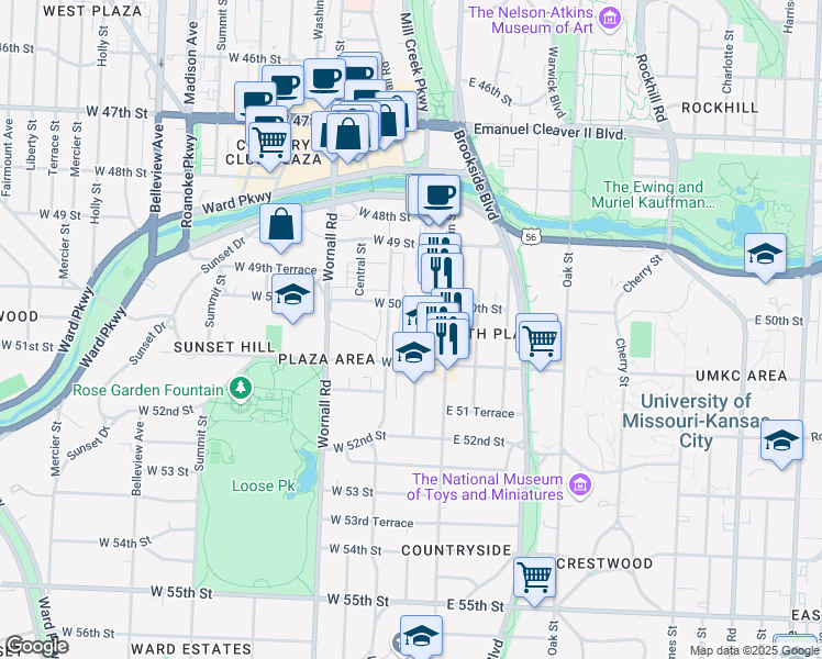 map of restaurants, bars, coffee shops, grocery stores, and more near 5018 Baltimore Avenue in Kansas City