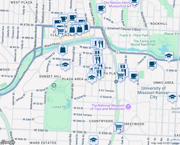 map of restaurants, bars, coffee shops, grocery stores, and more near 5018 Baltimore Avenue in Kansas City