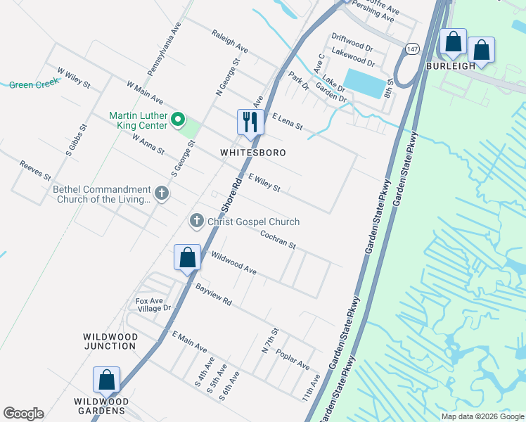 map of restaurants, bars, coffee shops, grocery stores, and more near 105 East Anna Street in Middle Township