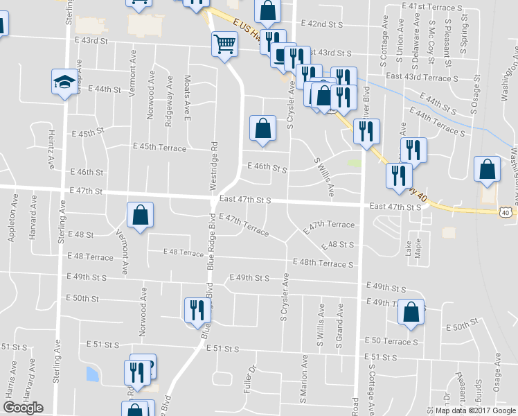 map of restaurants, bars, coffee shops, grocery stores, and more near 4702 South Fuller Avenue in Independence