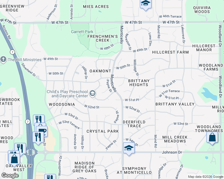 map of restaurants, bars, coffee shops, grocery stores, and more near 5129 Noreston Street in Shawnee