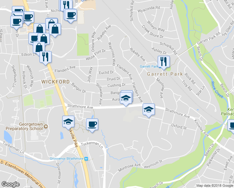 map of restaurants, bars, coffee shops, grocery stores, and more near 5002 Bangor Drive in Kensington