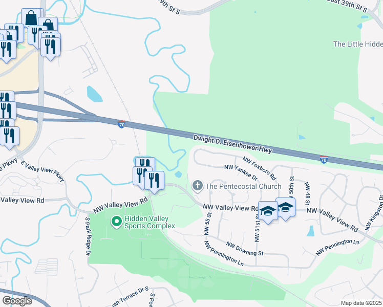 map of restaurants, bars, coffee shops, grocery stores, and more near 1498 Northwest Foxboro Road in Blue Springs