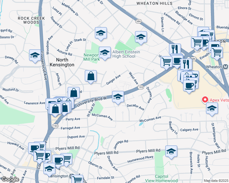 map of restaurants, bars, coffee shops, grocery stores, and more near 3225 University Boulevard West in Kensington