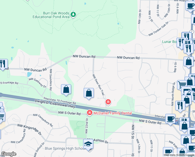 map of restaurants, bars, coffee shops, grocery stores, and more near 1408 Northwest Deer Run Trail in Blue Springs