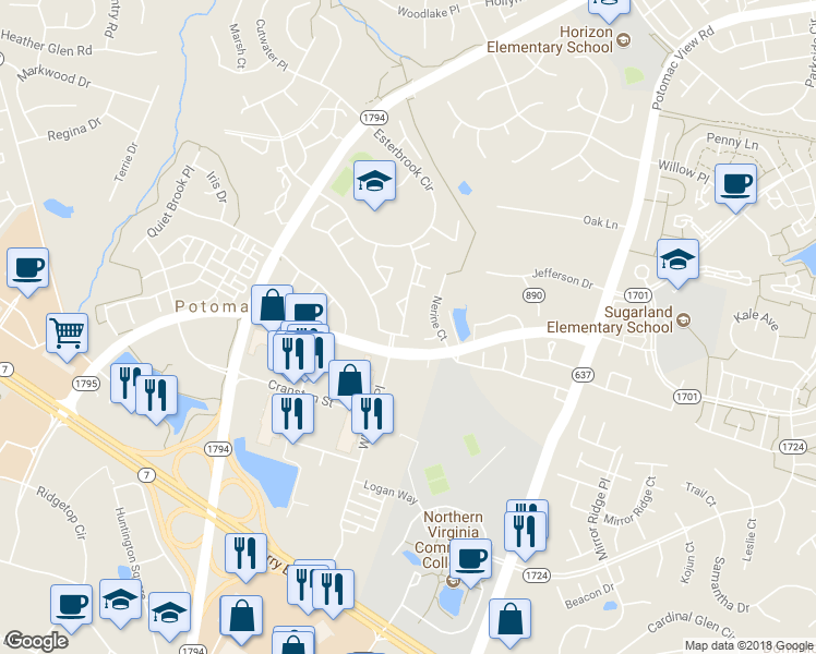 map of restaurants, bars, coffee shops, grocery stores, and more near 20930 Trinity Square in Sterling