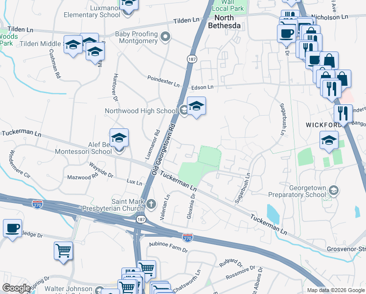 map of restaurants, bars, coffee shops, grocery stores, and more near 4 Cedarwood Court in Rockville