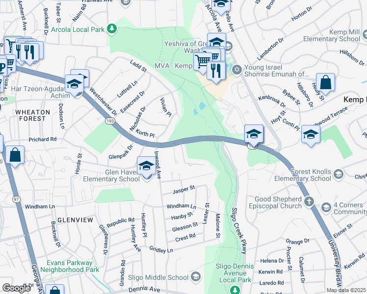 map of restaurants, bars, coffee shops, grocery stores, and more near 10965 Rocky Mount Way in Silver Spring