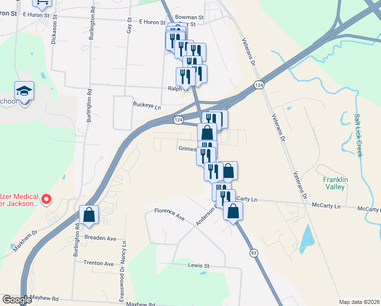 map of restaurants, bars, coffee shops, grocery stores, and more near 4 Grimes Street in Jackson
