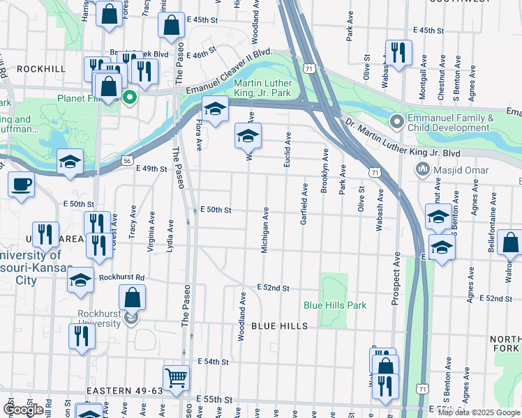 map of restaurants, bars, coffee shops, grocery stores, and more near 4946 Michigan Ave in Kansas City