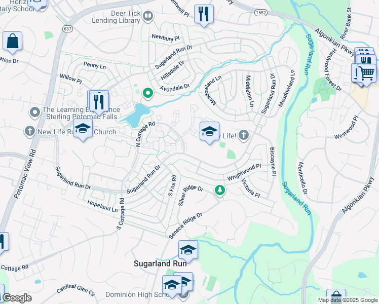 map of restaurants, bars, coffee shops, grocery stores, and more near 245 North Cottage Road in Sterling