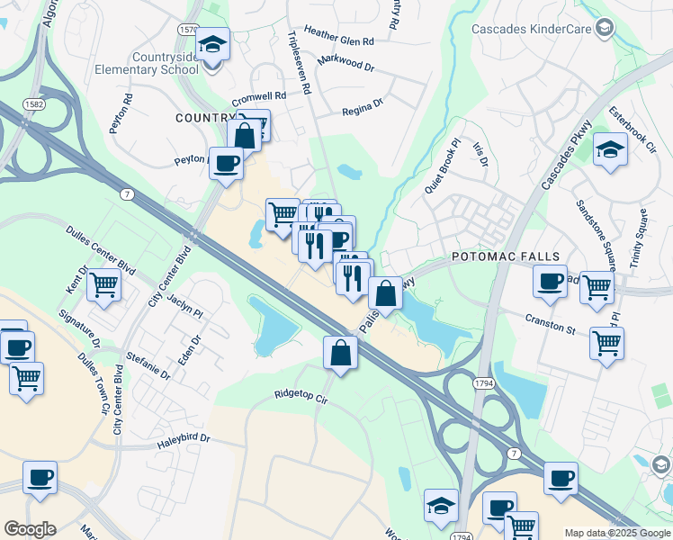 map of restaurants, bars, coffee shops, grocery stores, and more near 46005 Regal Plaza in Sterling