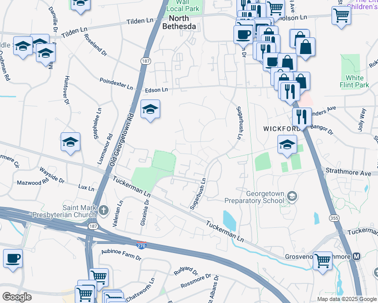 map of restaurants, bars, coffee shops, grocery stores, and more near 2 Bloomingdale Court in Rockville