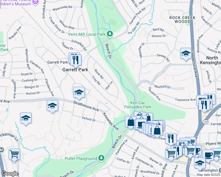 map of restaurants, bars, coffee shops, grocery stores, and more near 4306 Star Lane in Rockville
