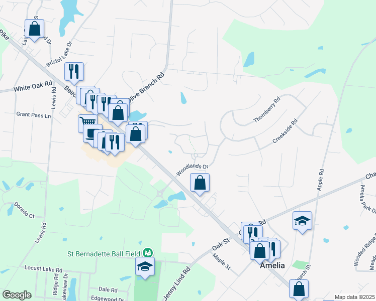 map of restaurants, bars, coffee shops, grocery stores, and more near 39 Tall Trees Drive in Amelia