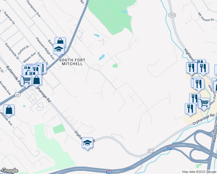 map of restaurants, bars, coffee shops, grocery stores, and more near 315 Highland Avenue in Fort Mitchell