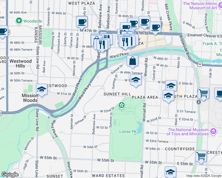 map of restaurants, bars, coffee shops, grocery stores, and more near 5030 Summit Street in Kansas City