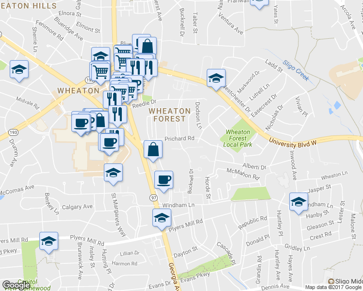 map of restaurants, bars, coffee shops, grocery stores, and more near 10947 Bucknell Drive in Silver Spring
